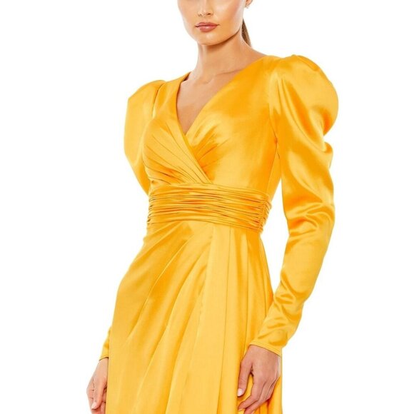 NWT Mac Duggal Faux Wrap Long Sleeve A Line Gown Marigold 10 - Picture 2 of 7